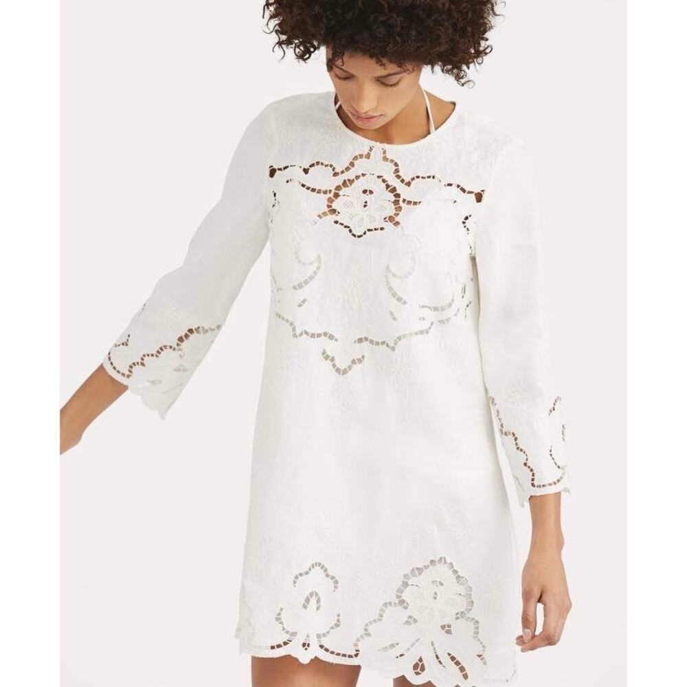 POLO RALPH LAUREN Lace Trim Linen Shift Dress Womens 0 White Embroidered Floral